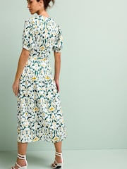 Blue/Yellow Linen Blend Button Down Printed Midi Dress - Image 3 of 5
