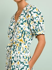 Blue/Yellow Linen Blend Button Down Printed Midi Dress - Image 4 of 5