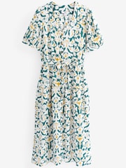 Blue/Yellow Linen Blend Button Down Printed Midi Dress - Image 5 of 5