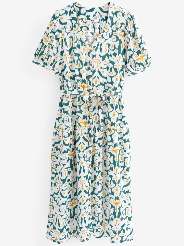 Blue/Yellow Linen Blend Button Down Printed Midi Dress - Image 5 of 5
