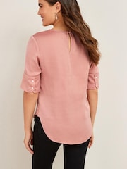 Blush Pink Curved Hem Satin Formal T-Shirt Short Sleeves Top - Image 3 of 5
