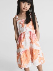 Reiss Orange Print Rosie Jr Printed Tie Shoulder Mini Dress - Image 1 of 7