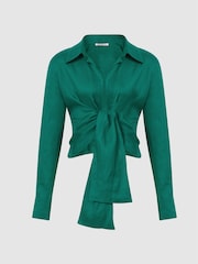 Reiss Green Corinne Plain Tie Waist Blouse - Image 2 of 6