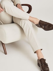 Reiss Brown Rivington High Shine Leather Monk Strap Shoes - Image 1 of 6