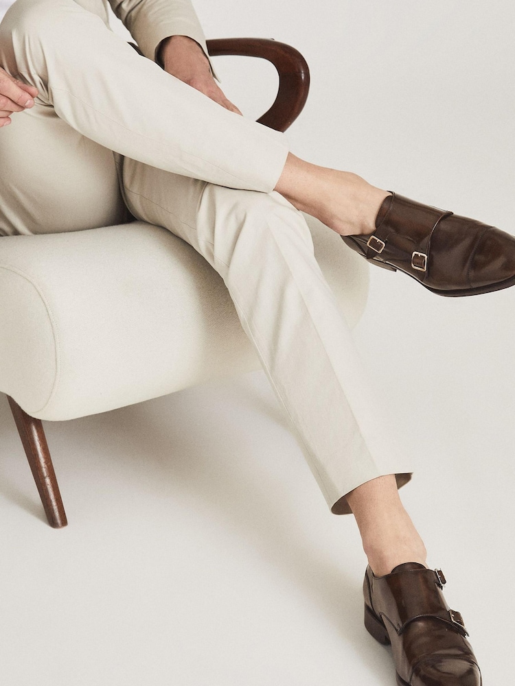 Reiss Brown Rivington High Shine Leather Monk Strap Shoes - Image 1 of 6
