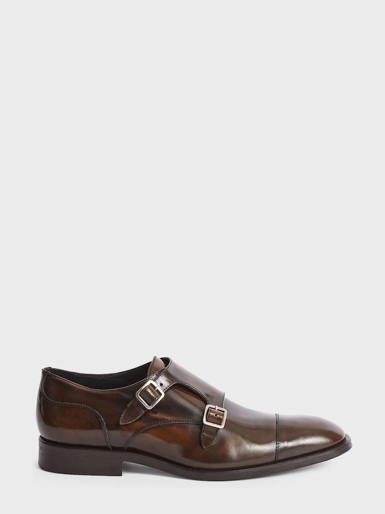 Reiss Brown Rivington High Shine Leather Monk Strap Shoes - Image 2 of 6