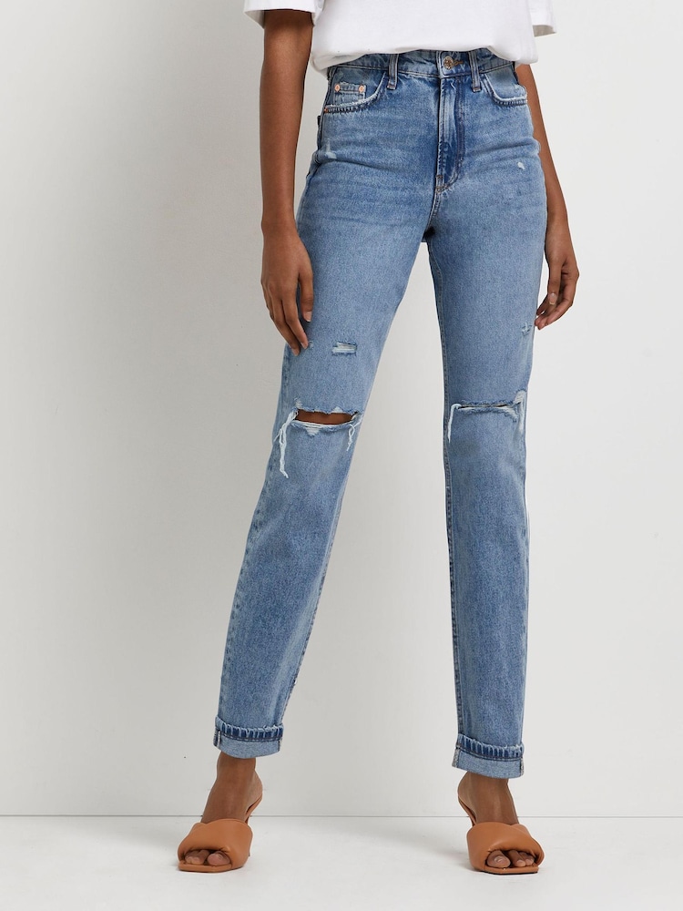 River Island Blue High Rise Ripped Mom Jean - Image 1 of 4