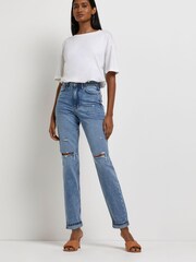River Island Blue High Rise Ripped Mom Jean - Image 3 of 4