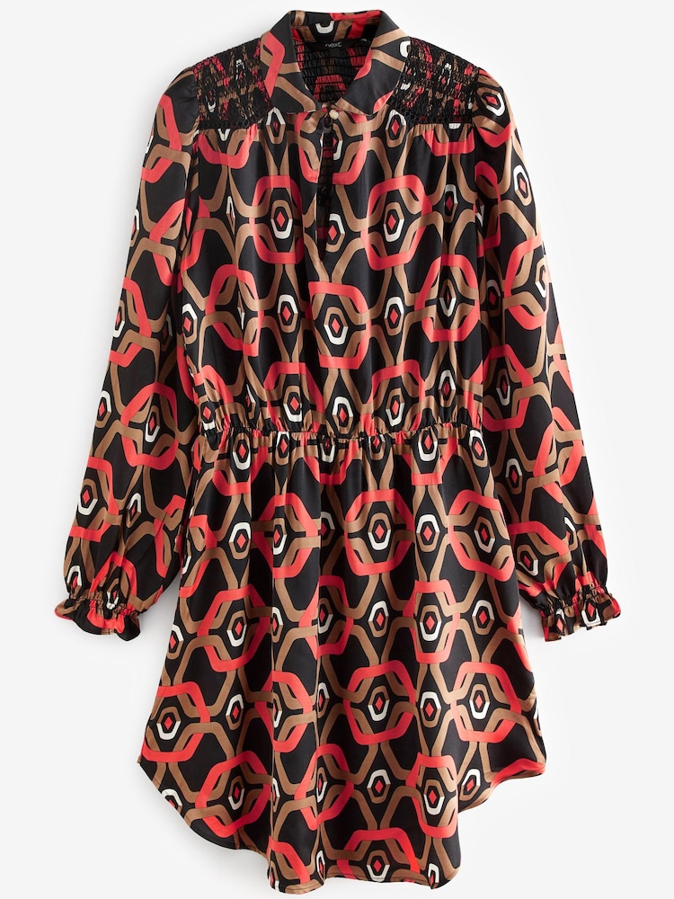 Brown Geo Shirred Shoulder Mini Dress - Image 5 of 5 Brown Geo Shirred Shoulder Mini Dress - Image 5 of 5