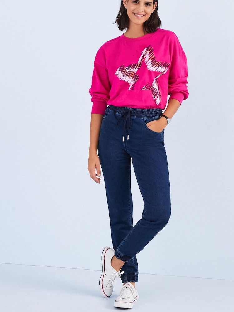 Dark Blue Cosy Feel Soft Stretch Jersey Denim Joggers - Image 1 of 5