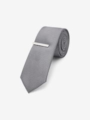 Charcoal Grey Slim Textured Tie And Clip Set - Image 1 of 3