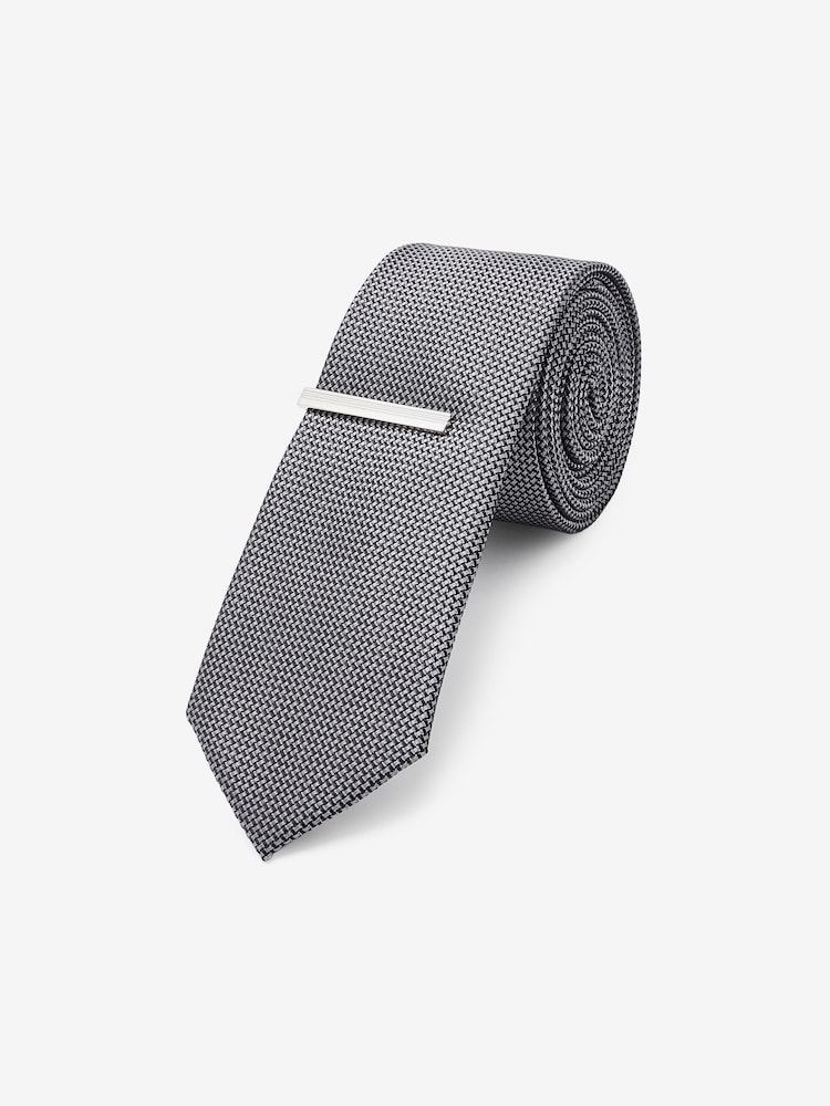 Charcoal Grey Slim Textured Tie And Clip Set - Image 1 of 3