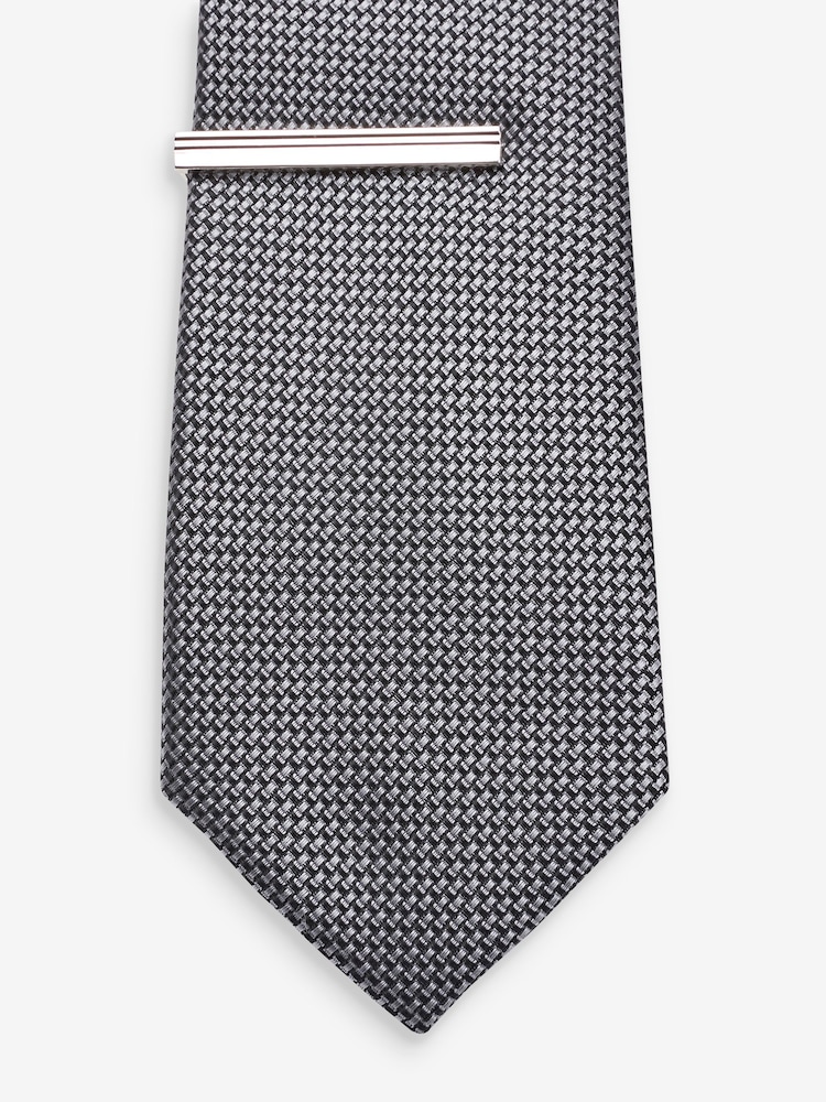 Charcoal Grey Slim Textured Tie And Clip Set - Image 3 of 3