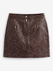 Brown Snake Print Coated Denim Zip Mini Skirt - Image 1 of 1