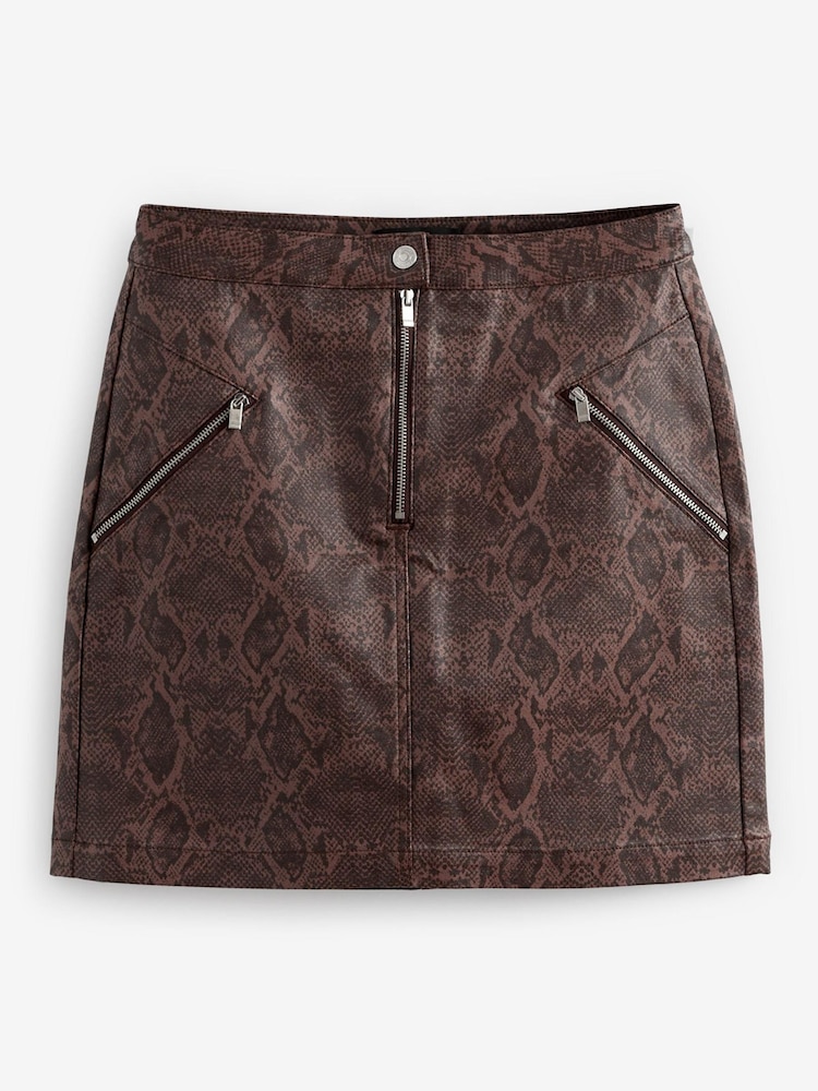 Brown Snake Print Coated Denim Zip Mini Skirt - Image 1 of 1