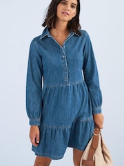 Dunkelblau - Langärmeliges Gestuftes Mini-Jeanskleid - Bild 1 von 6