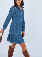 Dunkelblau - Langärmeliges Gestuftes Mini-Jeanskleid - Bild 3 von 6
