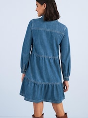 Dunkelblau - Langärmeliges Gestuftes Mini-Jeanskleid - Bild 4 von 6