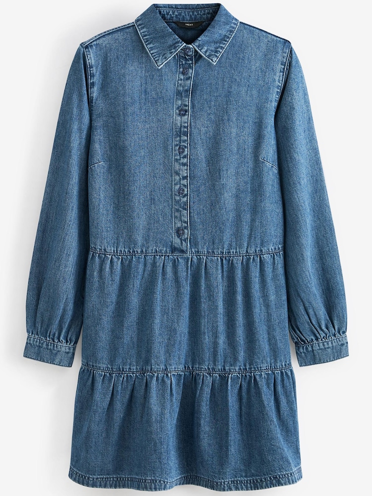 Dunkelblau - Langärmeliges Gestuftes Mini-Jeanskleid - Bild 6 von 6 Dunkelblau - Langärmeliges Gestuftes Mini-Jeanskleid - Bild 6 von 6