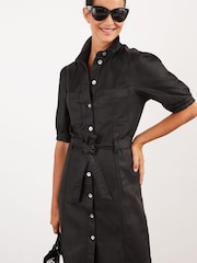 Black Coated Denim Shirt Dress - Image 1 of 5