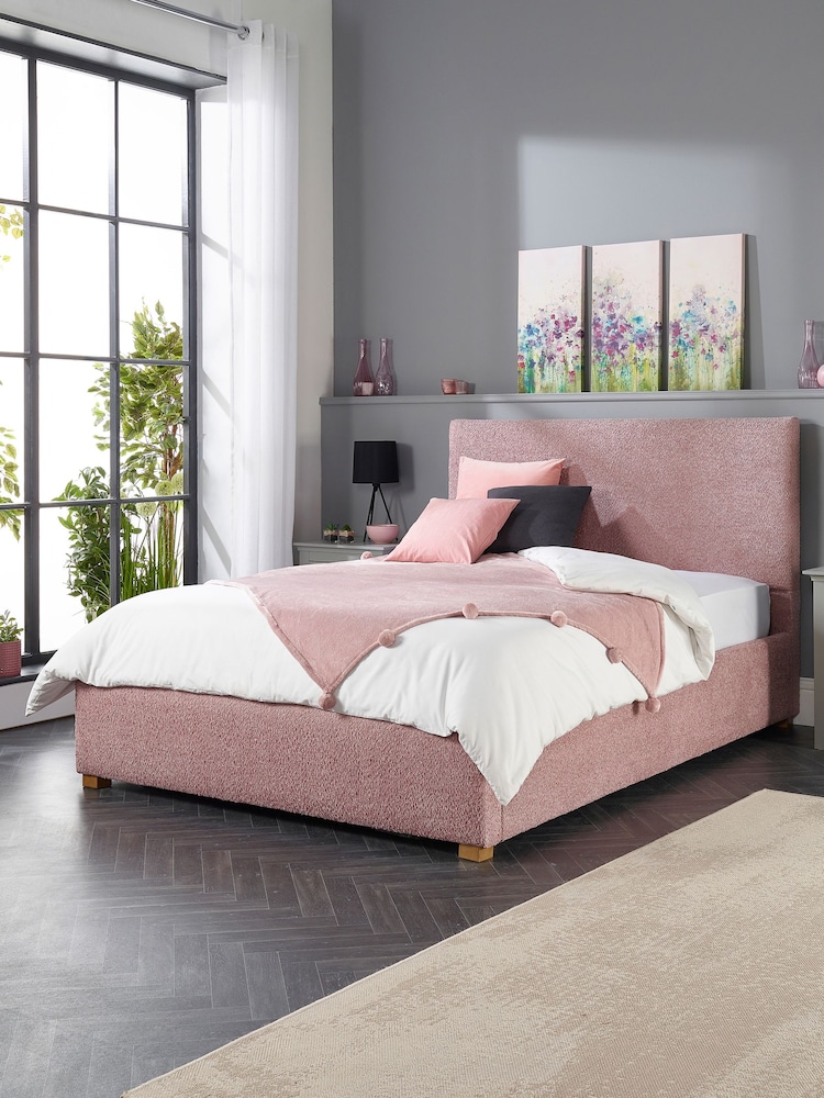 Aspire Furniture Pink Bouclé Upholstered Garland End Lift Ottoman Storage Bed - Image 1 of 6