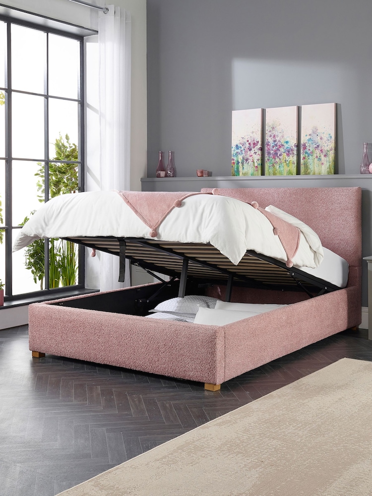 Aspire Furniture Pink Bouclé Upholstered Garland End Lift Ottoman Storage Bed - Image 2 of 6