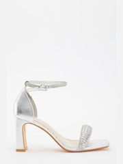 Quiz Silver PU Diamante Strap Heel Sandals - Image 1 of 5