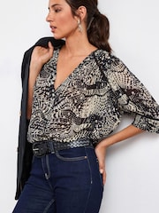 Snake Print V-Neck Pintuck Top - Image 1 of 2