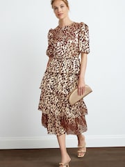 Brown Foil Print Plissé Tiered Short Sleeve Midi Dress - Image 1 of 5