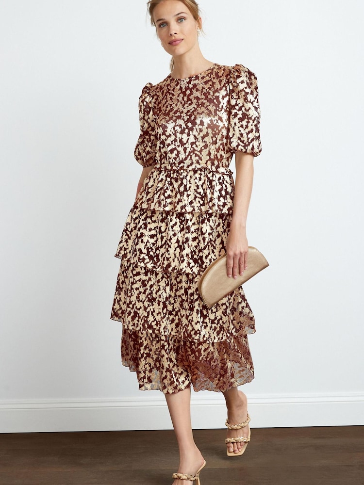 Brown Foil Print Plissé Tiered Short Sleeve Midi Dress - Image 1 of 5