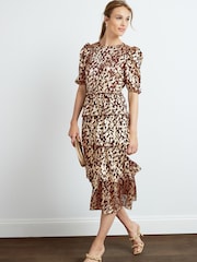 Brown Foil Print Plissé Tiered Short Sleeve Midi Dress - Image 2 of 5