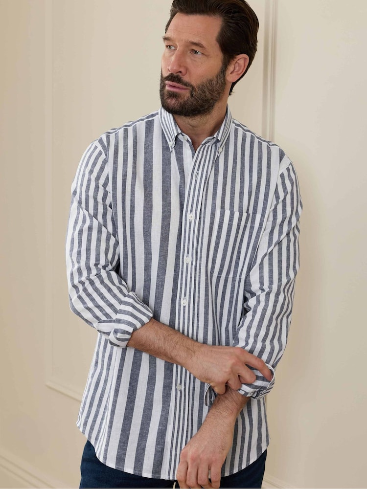 Savile Row Company Blue Linen Cotton Random Stripe Classic Fit Button-Down Casual Shirt - Image 1 of 6