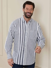Savile Row Company Blue Linen Cotton Random Stripe Classic Fit Button-Down Casual Shirt - Image 2 of 6