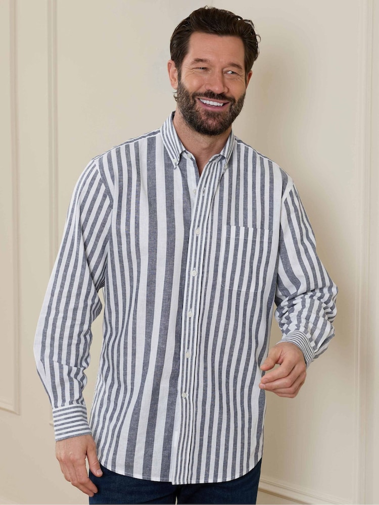 Savile Row Company Blue Linen Cotton Random Stripe Classic Fit Button-Down Casual Shirt - Image 2 of 6