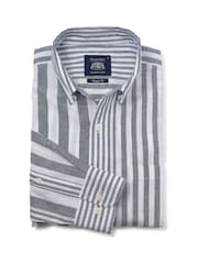 Savile Row Company Blue Linen Cotton Random Stripe Classic Fit Button-Down Casual Shirt - Image 4 of 6