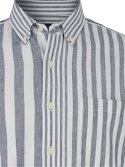 Savile Row Company Blue Linen Cotton Random Stripe Classic Fit Button-Down Casual Shirt - Image 6 of 6