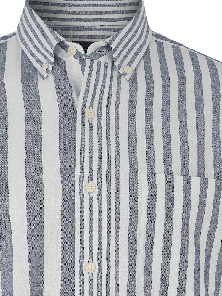 Savile Row Company Blue Linen Cotton Random Stripe Classic Fit Button-Down Casual Shirt - Image 6 of 6