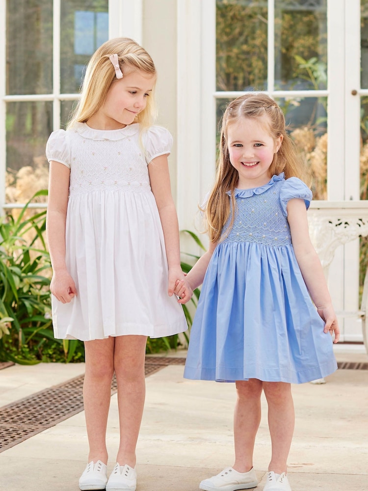 Trotters London Willow 100% Cotton Rose Hand Smocked White Dress - Image 5 of 5