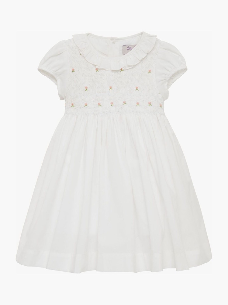 Trotters London Little Willow Rose Hand Smocked 100% Cotton White Dress - Image 1 of 4