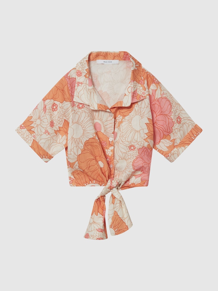 Reiss Orange Print Corrine Junior Tie Front Linen Shirt - Image 2 of 6