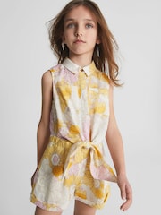 Reiss Yellow Print Ema Jr Printed Linen Playsuit - Image 1 of 4