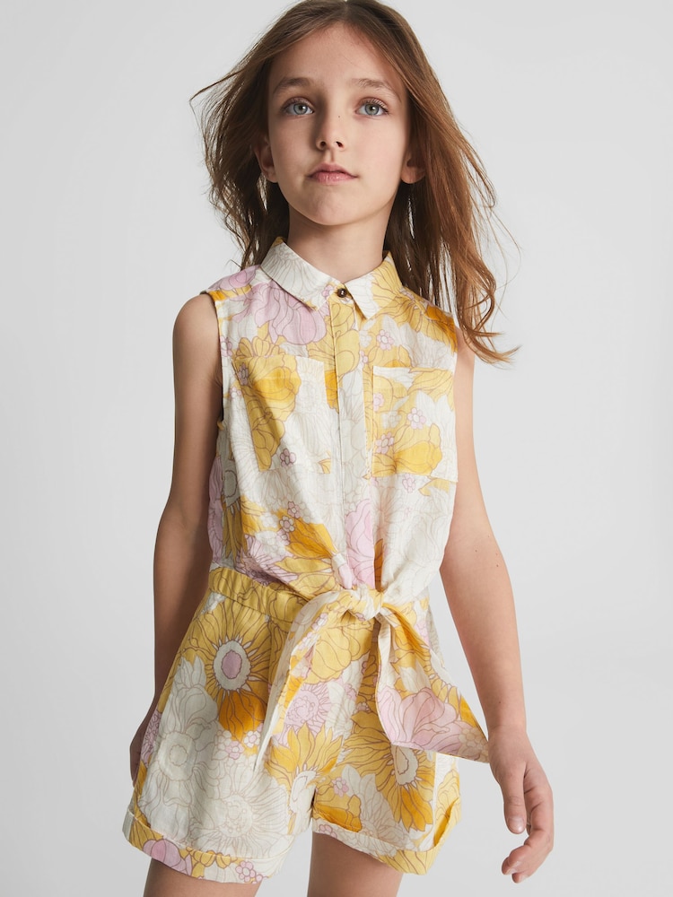 Reiss Yellow Print Ema Jr Printed Linen Playsuit - Image 1 of 4