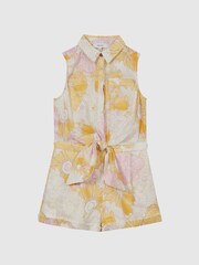 Reiss Yellow Print Ema Jr Printed Linen Playsuit - Image 2 of 4
