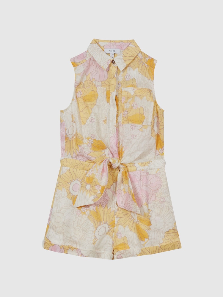 Reiss Yellow Print Ema Jr Printed Linen Playsuit - Image 2 of 4
