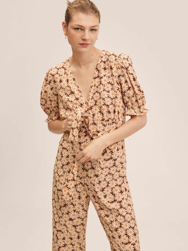 Mango Brown Printed Puff Sleeve Jumpsuit - Image 1 of 1