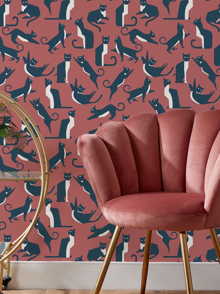 Furn Pink Geo Cat Printed Wallpaper - Image 1 of 3