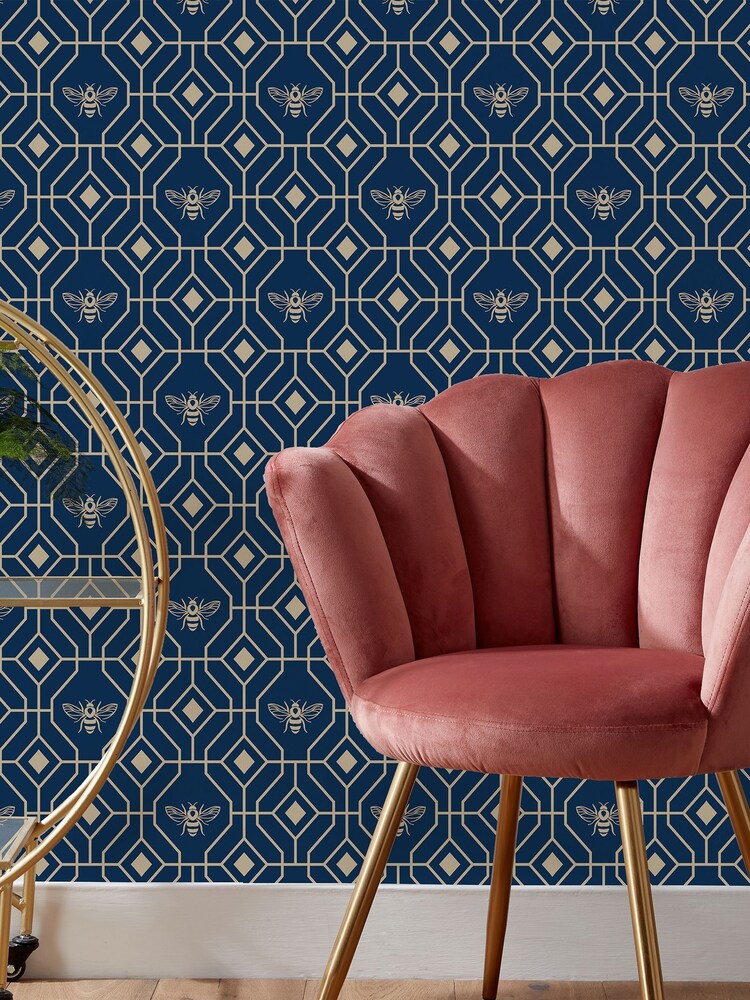 Furn Sark Blue Bee Deco Geometric Foiled Wallpaper - Image 1 of 3
