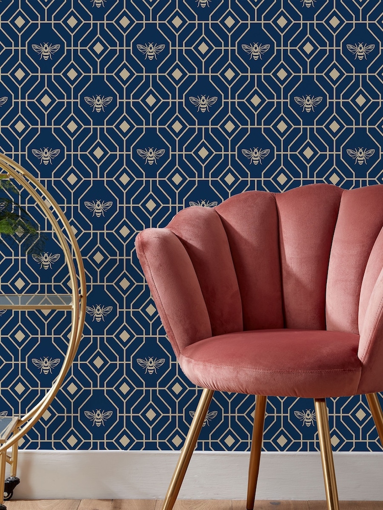 Furn Sark Blue Bee Deco Geometric Foiled Wallpaper - Image 1 of 3 Furn Sark Blue Bee Deco Geometric Foiled Wallpaper - Image 1 of 3