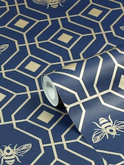 Furn Sark Blue Bee Deco Geometric Foiled Wallpaper - Image 2 of 3
