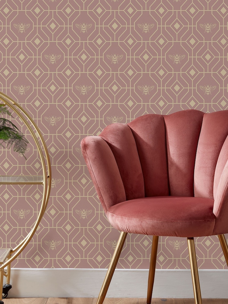 Furn Blush Pink Bee Deco Geometric Foiled Wallpaper - Image 1 of 3